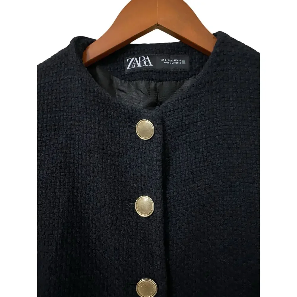 Zara Structured Blazer Lady Jacket Small Black Belted Gold Buttons Preppy Trendy - Picture 9 of 16